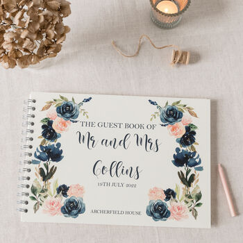 Blush Pink And Navy Roses Wedding Guest Book, 3 of 8