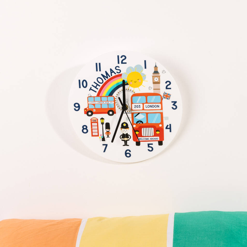 Children's Bedroom London Bus Theme Personalised Clock, 1 of 3