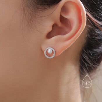 Sterling Silver Pave Circle With Natural Pearls Stud Earrings, 4 of 12