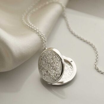 Sterling Silver Floral Round Locket Necklace, 7 of 8
