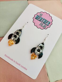 Rocket Glitter Resin Earrings / Space Science Gift Astronaut And Physics Jewellery / Sparkly Sci Fi Accessory / Reach For The Stars Graduation Gift Inspirational Space Jewellery, 4 of 5