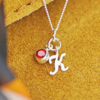 Silver Script Mini Initial Necklace With Birthstone, 5 of 10