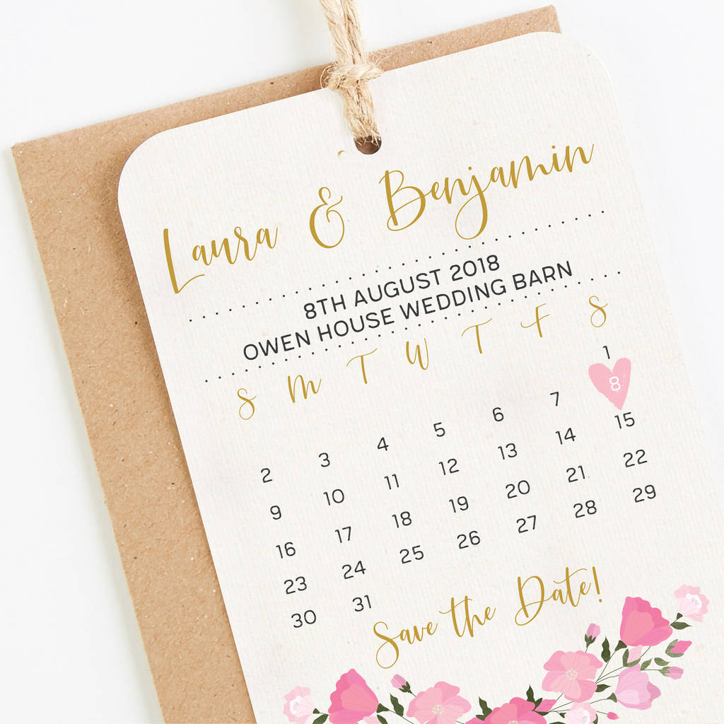 Pink Flowers Calendar Save The Date Tag By LOOM Weddings ...