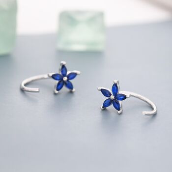 Sapphire Blue Flower Cz Huggie Hoop Earrings, 5 of 11
