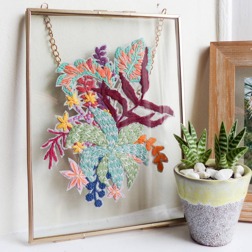 Tropical Bouquet Gold Framed Embroidery Art, 1 of 5