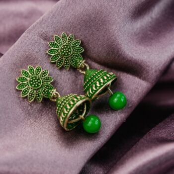 Small Green Intricate Floral Colourful Boho Jhumkis, 7 of 10