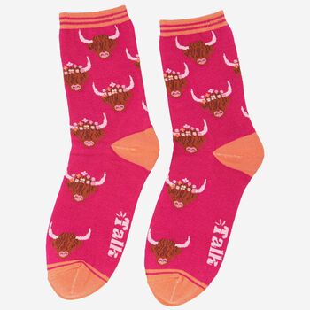Women's Bamboo Socks Pink, Highland Cow, 2 of 5