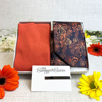 Navy And Orange Floral Wedding Tie Set, 3 of 6