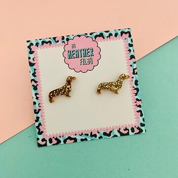 Gold Sausage Dog Stud Glitter Earrings, 2 of 2