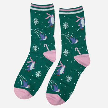 Women's Christmas Green Glitter Penguin Bamboo Socks, 2 of 3