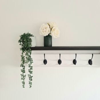 White Coat Rack With Black Shelf 10cm Deep, Shelf With Hooks, Black Hooks, Silver Hooks, Bronze, Copper, Chrome Hooks, Brass Hooks, 8 of 10