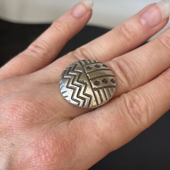 Aztec Pattern Silver Disc Adjustable Ring, 9 of 10