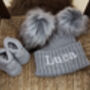 Personalised Grey Double Pom Pom Winter Hat And Booties, thumbnail 1 of 9