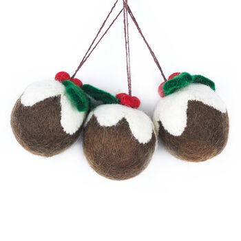 Handmade Felt Christmas Pudding Baubles, Set Of Three, 2 of 5