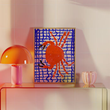 Crab On Blue Tablecloth Seafood Illustration Kitchen Poster, 6 of 12