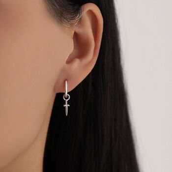 Mismatched Tiny Dragon And Sword Huggie Hoops In Sterling Silver, 6 of 12