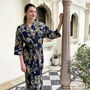 Giraffe Print 100% Cotton Dressing Gown Kimono In Dark Blue, thumbnail 1 of 7