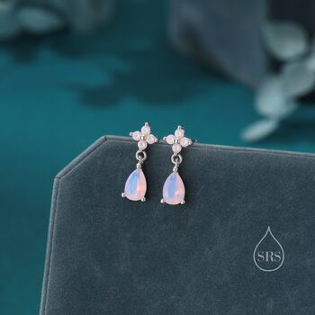 Sterling Silver Four Cz And Droplet Stud Earrings With Opal Pink C Zs, 3 of 12