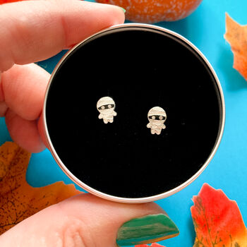 Silver Halloween Earrings, Mummy Studs In A Gift Tin, 2 of 8