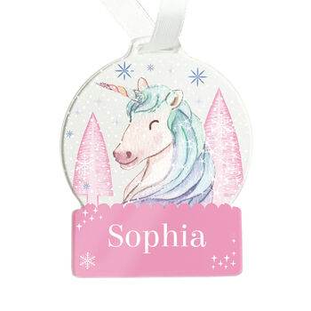 Personalised Unicorn Christmas Acrylic Snowglobe Hanging Decoration Gift Boxed, 4 of 5