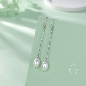 Sterling Silver Genuine Oval Freshwater Pearl Drop Hook Earrings, 3 of 11
