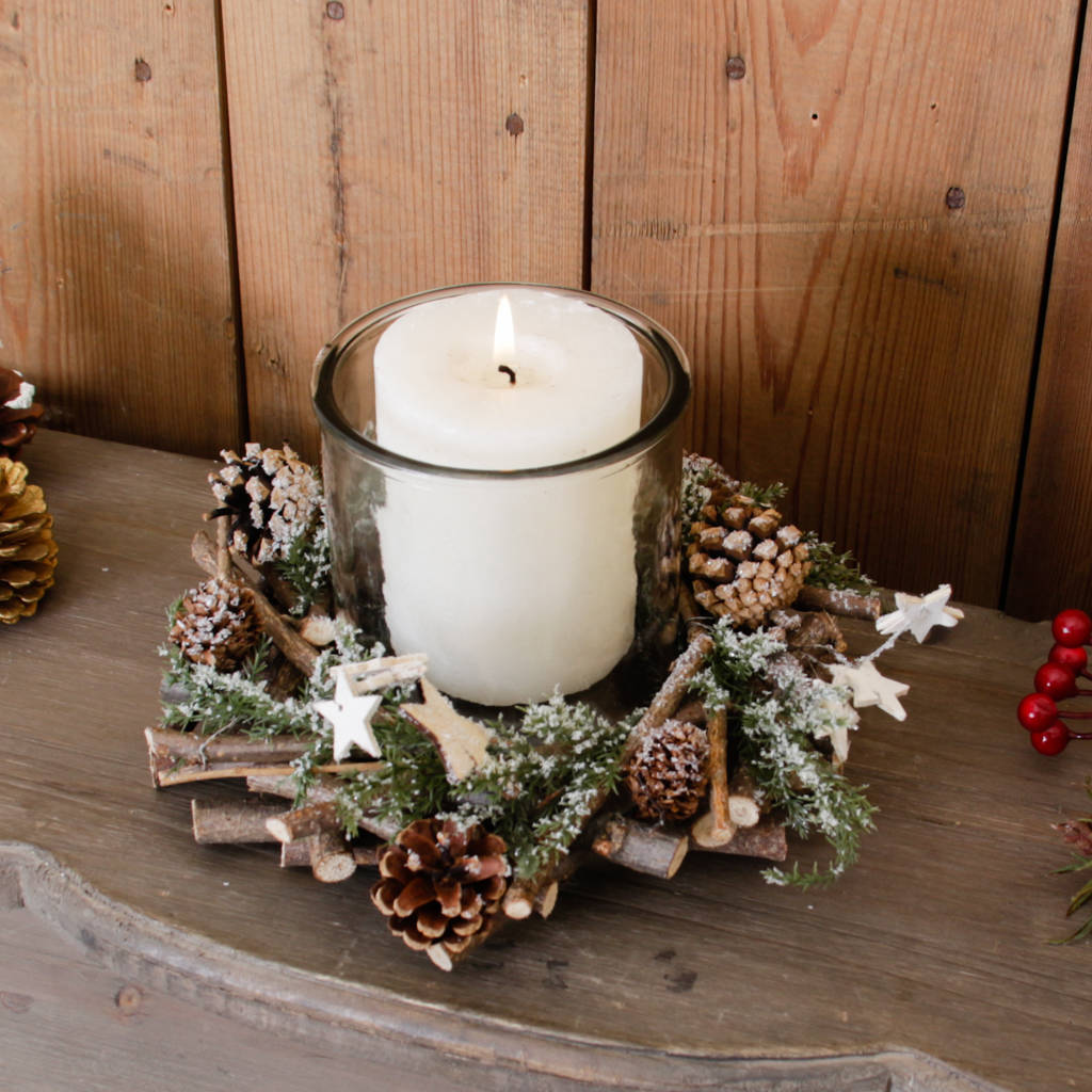 frosted woodland christmas pillar candle holder gift by dibor