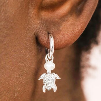 Stainless Steel Turtle And Pearl Charm Huggie Hoop Earrings, 2 of 7