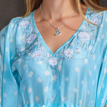Aquamarine Blue Luxury Silk Embroidered Kaftan Top, 2 of 5