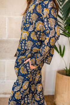 Indian Cotton Midnight Marigold Print Pyjama Set, 4 of 4