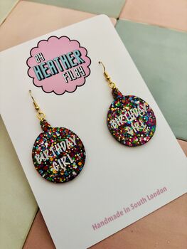Rainbow Bauble 'Birthday Girl' Glitter Earrings / Rainbow Party Jewellery Birthday Gift For Her / Multi Colour Glitter Statement Confetti Jewellery, 3 of 5