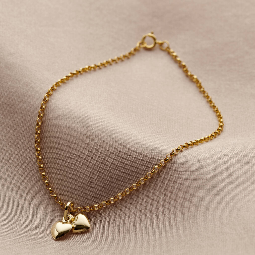 9ct Gold Double Heart Charm Bracelet, 1 of 9