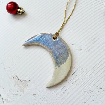 Handmade Ceramic Moon Ornament: Blue And White Glaze, Festive Tree Decoration, 4 of 4