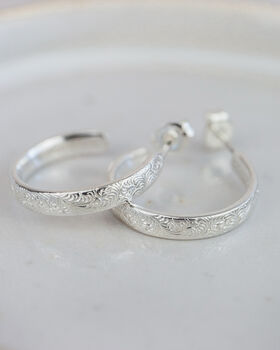 Sterling Silver Lace Textured Everyday Hoops, 3 of 12