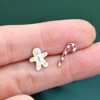 Sterling Silver Gingerbread Man And Candy Cane Stud Earrings, 5 of 11