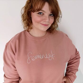 Feminist Hand Embroidered Dusky Pink Sweater, 4 of 4