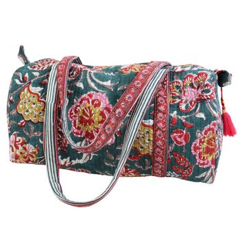 Block Printed Pine Green, Red And Mustard Floral Quilted Duffle Bag, 6 of 9