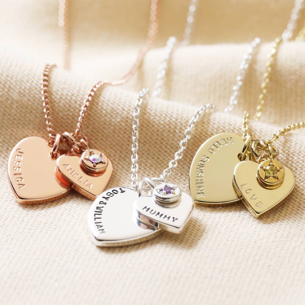 Personalised Double Heart And Birthstone Charm Necklace By Lisa Angel