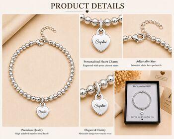 Personalise Silver Bead Heart Charm Bracelet Engraved Name, 3 of 8