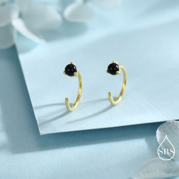 Sterling Silver Genuine Black Onyx Huggie Hoop Earrings, 6 of 12