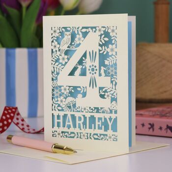 Personalised 4th Birthday Card Papercut Woodland Design, 3 of 7