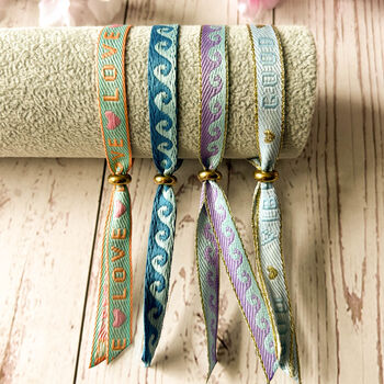 Set Of Four Festival Ribbon Bracelets, Waves/Words, 3 of 5