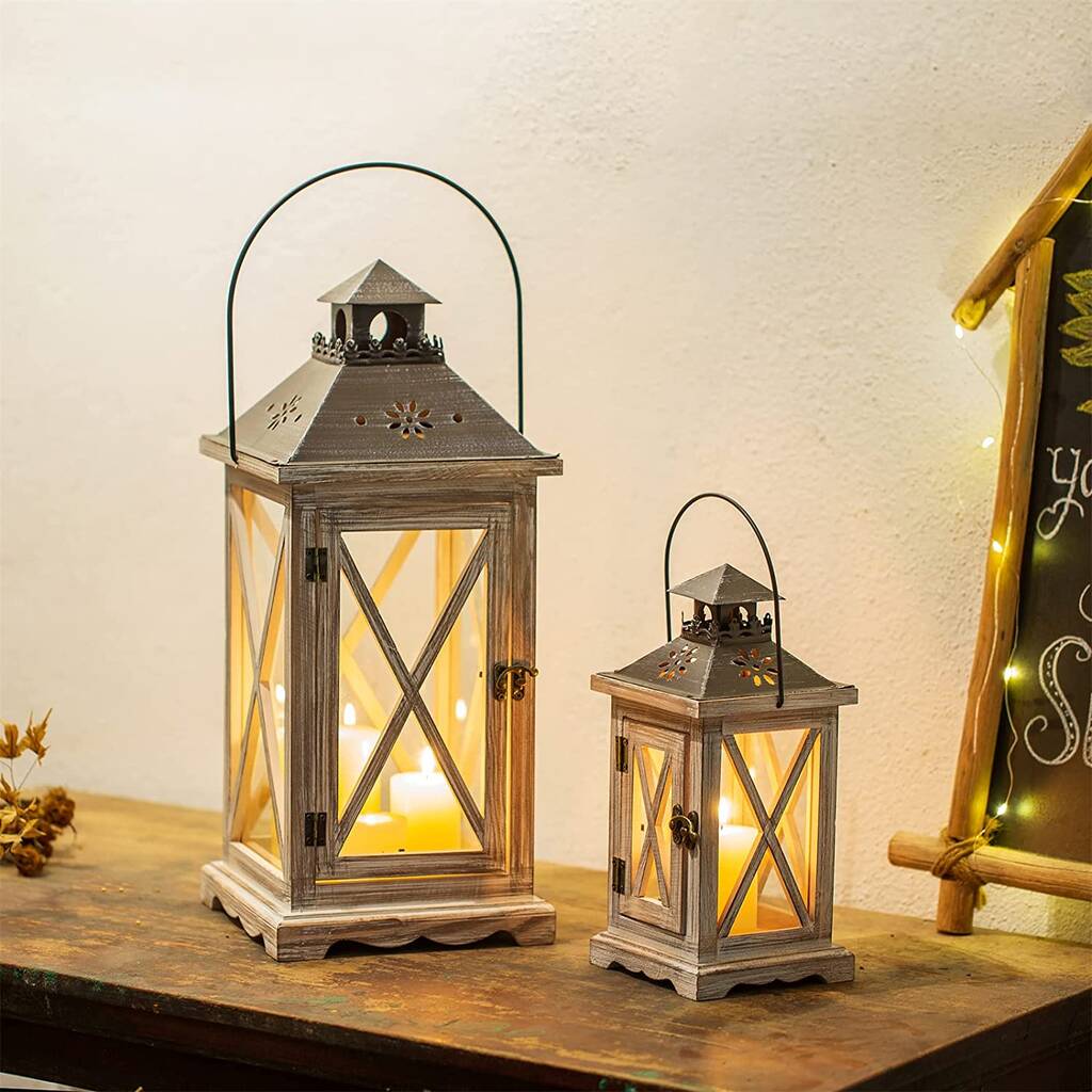 Two Vintage Distressed Wood Decorative Candle Lantern, 1 of 7
