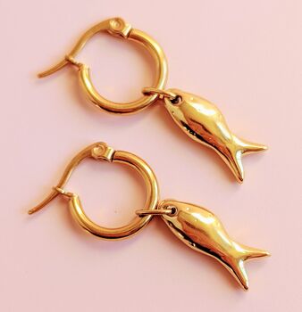 Handmade Fish Charm Gold Plated Hoop Earrings, 5 of 6
