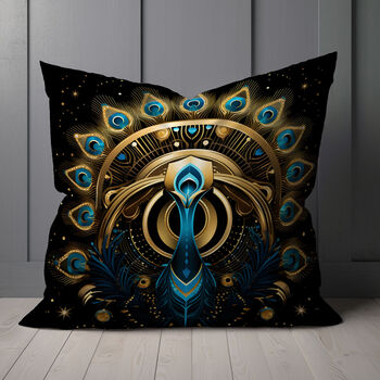 Celestial Aviary Art Deco Peacock Poly Linen Cushion, 4 of 6