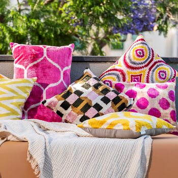 Oblong Ikat Velvet Cushion Multi Coloured Circles, 8 of 9