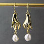 Gold Plated Hand And Pearl Dangle Earrings, thumbnail 4 of 9