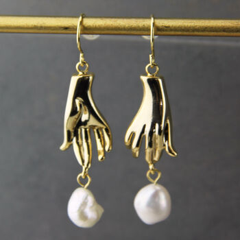 Gold Plated Hand And Pearl Dangle Earrings, 4 of 9