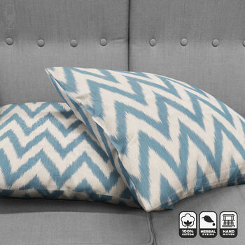 Ice Blue Zig Zag Handwoven Ikat Cushion Cover, 6 of 8