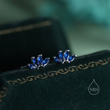 Sterling Silver Sapphire Blue Cz Lotus Flower Screw Back Earrings, 2 of 12