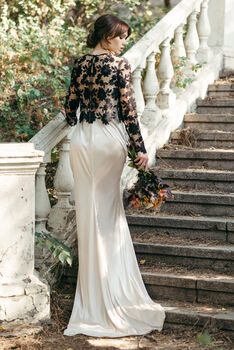 Black Macrame Lace Top Long Sleeved Wedding Dress Topper, 9 of 10